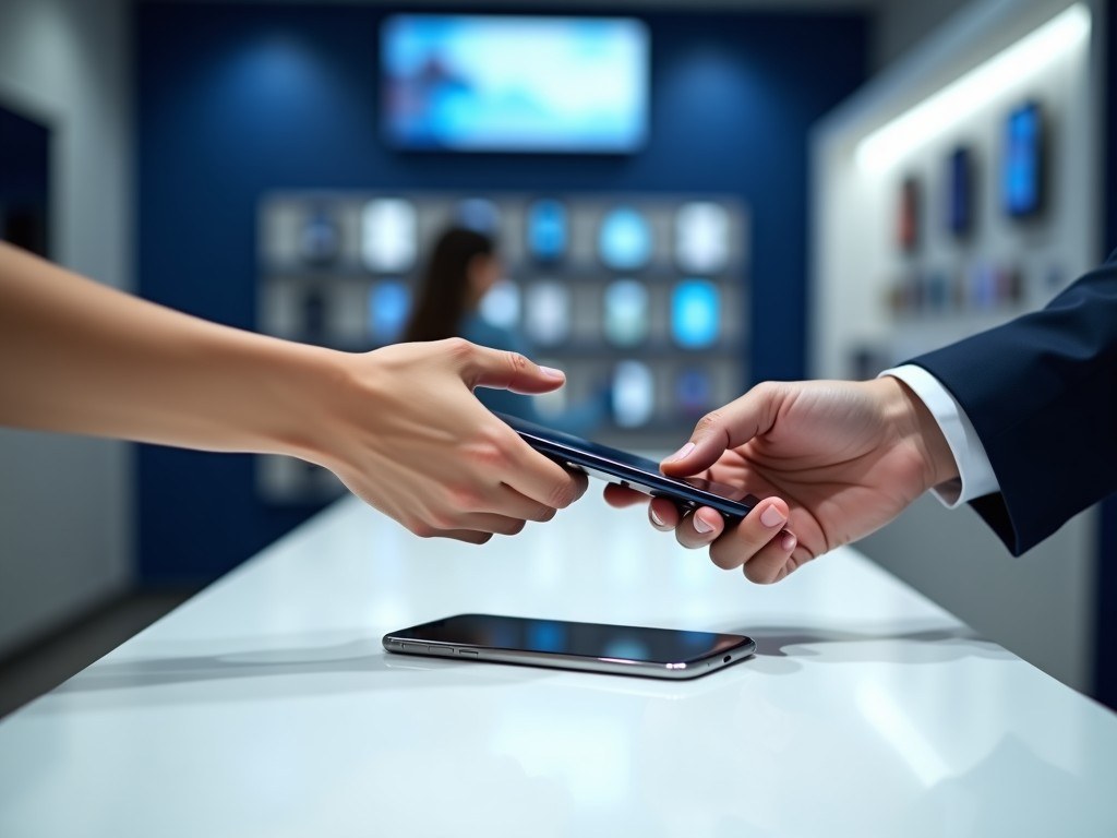Cliente entregando su celular a cuenta en el mostrador de CELLBOJ